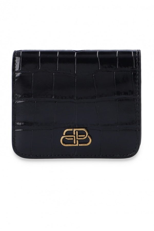 Balenciaga Black Calf Leather Crocodile Embossed Mini Wallet 601474