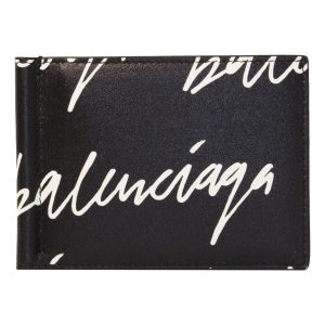 Balenciaga Cash Black Leather Scribble Logo Money Clip Wallet 625819