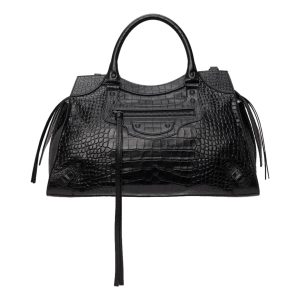 Balenciaga Neo Medium Black Croc Embossed Leather Satchel Handbag 638470