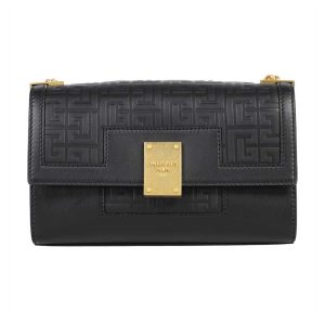 Balmain 1945 Black Leather Embossed Flap Medium Shoulder Bag WB1BK652