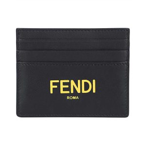 Fendi Black Calfskin Leather Yellow Logo Card Case Wallet 7M0164