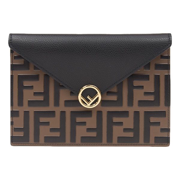 Fendi F is Fendi Black Brown Embossed Leather Flat Pouch 8N0151