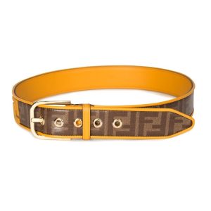 Fendi FF Logo Zucca Brown Yellow Leather Trim Belt 7C0400 Size 100/40