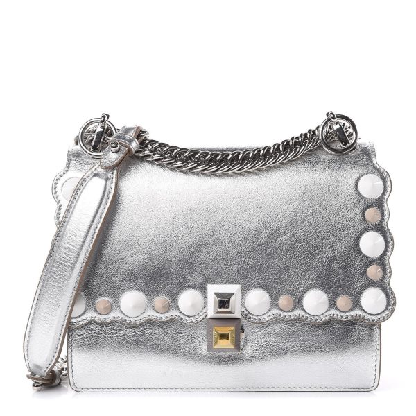 Fendi Kan I Metallic Silver Calfskin Scalloped Studded Bag 8M0381