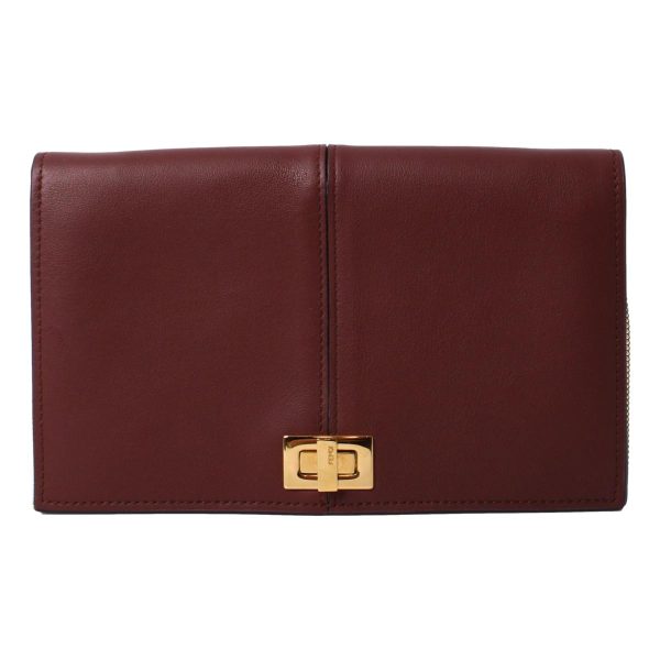Fendi Peekaboo Brown Leather Zucca Chain Wallet Clutch Bag 8M0414