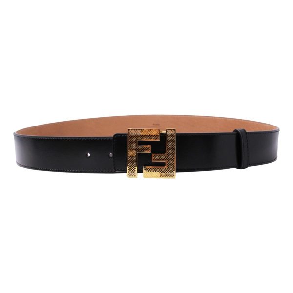 Fendi Black Beige Leather Perforated FF Buckle Belt Size 105 7C0437