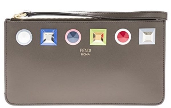 Fendi Rainbow Asphalt Gray Calf Leather Studs Wristlet Wallet 8M0341