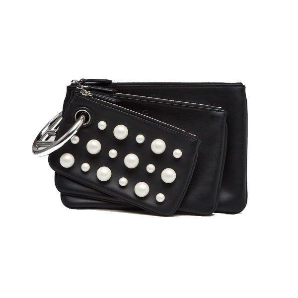 Fendi Black Leather Pearl Studded Triplette Multi Clutch Handbag 8BS001