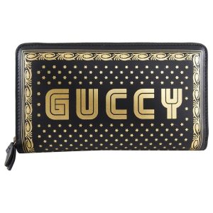 Gucci "Guccy" Black Leather Zip Around Wallet with Gold Stars 510488