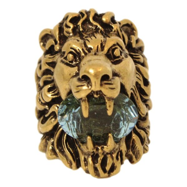 Gucci Lionhead Gold-tone Aquamarine Crystal Ring Size 13/6.5 402763