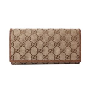 Gucci Original Beige GG Canvas Brown Leather Trim Long Wallet 346058