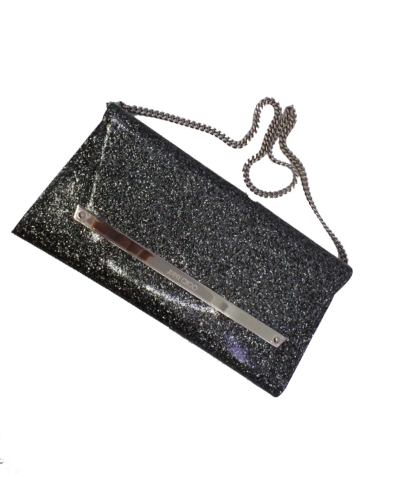 Jimmy Choo Margot Anthracite Silver Coated Glitter Clutch Bag LAG|100017