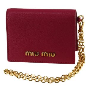 Miu Miu Fuoco Red Leather Credit Card Holder Wallet Madras Chain 5MC320