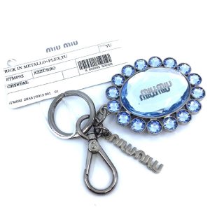 Miu Miu Trick Metallo Oval Crystal Blue Plex Charm Key Chain Key Ring 5TM092