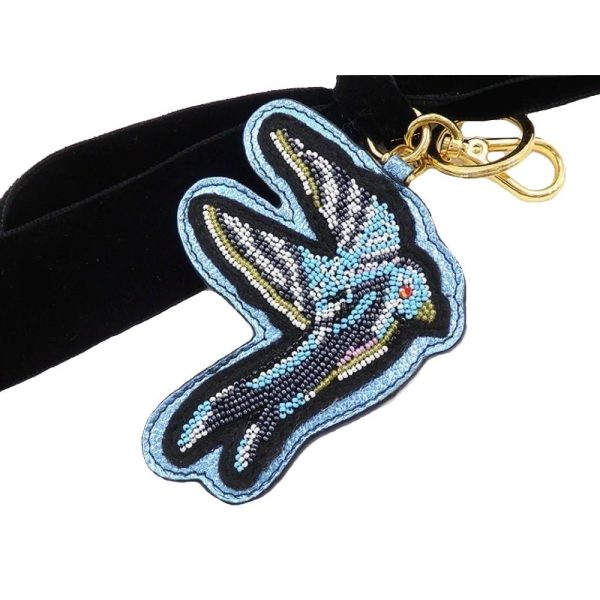 Miu Miu Trick Plex Blason Beaded Blue Bird Black Velvet Bow Keyring 5TL217