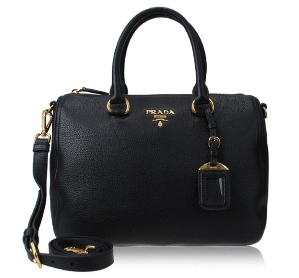 Prada Vitello Phenix Black Leather Top Handle Satchel Handbag 1BB023