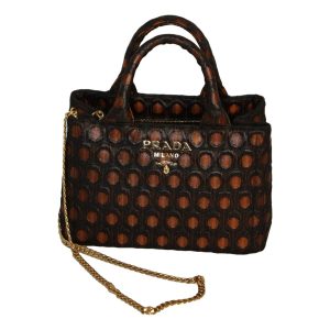 Prada Black Orange Broccato Fabric Top Handle Chain Satchel Bag 1BA038