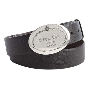 Prada Black Saffiano Leather Engraved Oval Plaque Buckle Size: 105/42 Belt 2CM046