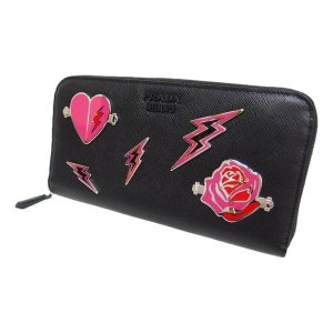 Prada Black Saffiano Leather Frankenstein Heart Rose Zip Around Wallet 1ML506