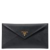 Prada Black Saffiano Leather Gold Logo Long Envelope Wallet 1MF175