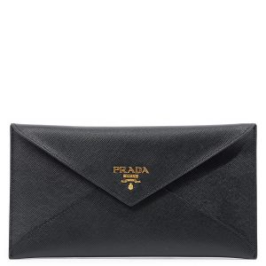 Prada Black Saffiano Leather Gold Logo Long Envelope Wallet 1MF175