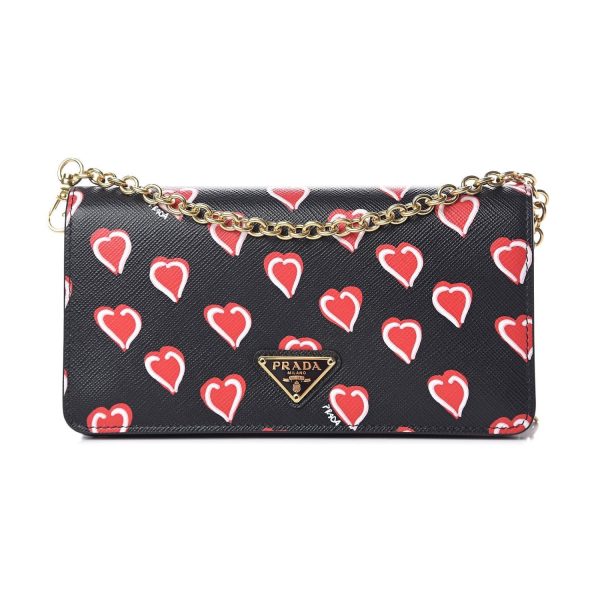 Prada Black Saffiano Leather Heart Print Mini Crossbody Handbag 1DH044