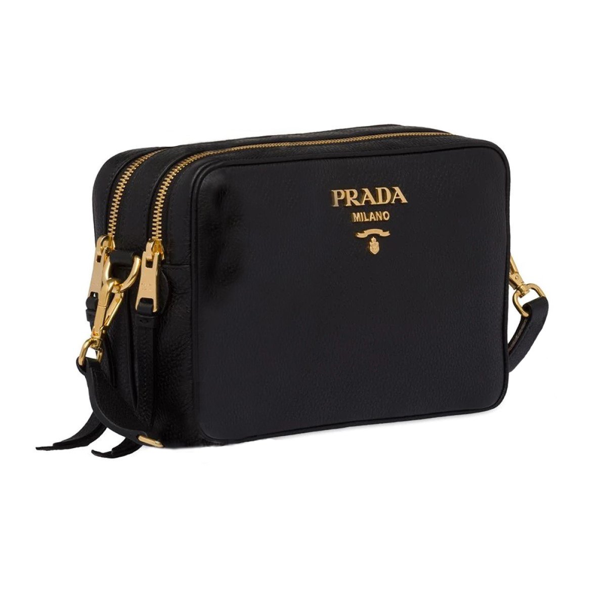 Prada Double Zip Camera Vitello Phenix Black Leather Crossbody Bag
