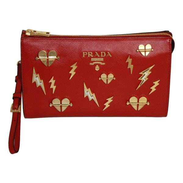 Prada Fuoco Red Saffiano Leather Gold Hearts Pouch Wristlet Bag 1NE007