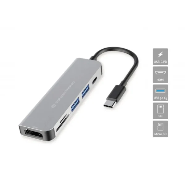 Conceptronic DONN02G Multifunktionaler 6-in-1 USB Adapter USB-A 3.0 x 2 USB-C PD